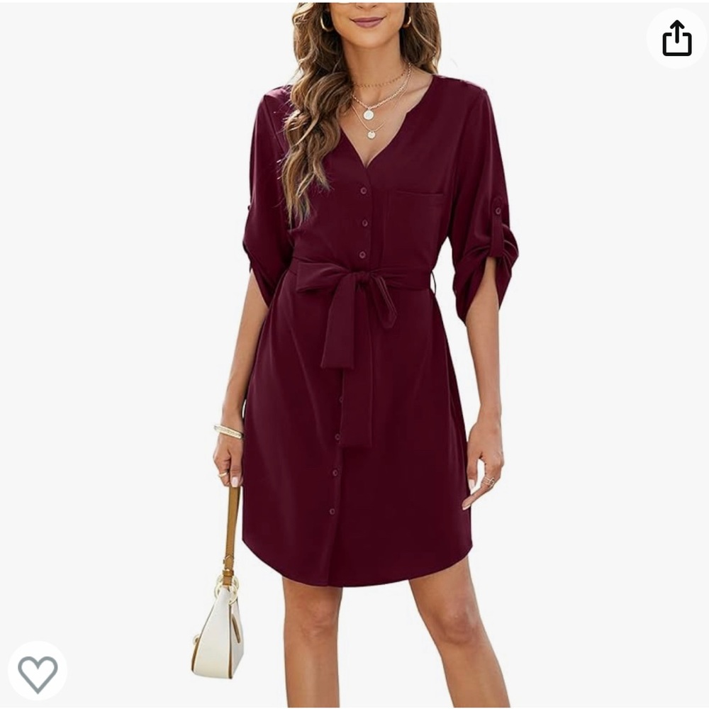 BMJL Womens Button Down Dress V Neck 3/4 Sleeve Shirt Dress, Size XLarge, Maroon